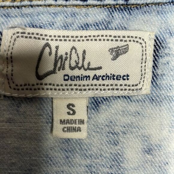 ChiQle Denim Small Distressed White Wash Multicolor Southwestern Jean Jacket - Picture 7 of 14